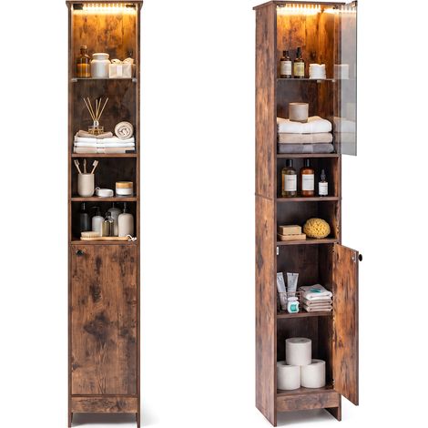 Meuble Salle de Bain 170 cm avec LED en Télécommande, Placard à Porte Verre, Étagères Réglables&Compartiments, pour Salon Buanderie WC, Marron (1/5)