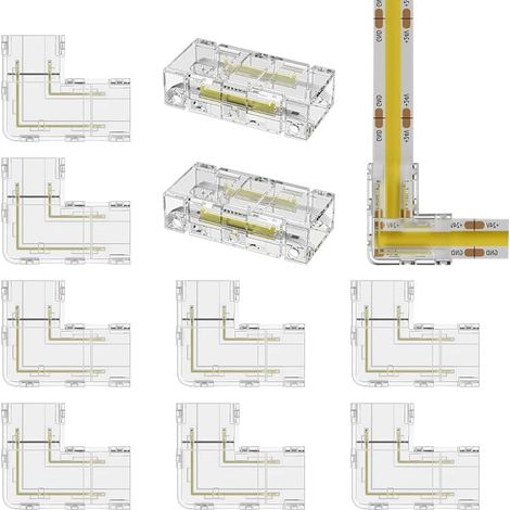 10 Pièces Connecteurs Pour Ruban LED COB 2Pin 8mm, Connecteurs Type L/angle et Intermédiaires Transparent Gapless (1/5)