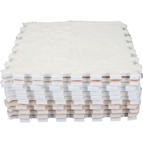 Lot de 10 tapis de sol en mousse pelucheuse lavables et emboîtables, découpés et doux, type puzzle, pour salon et chambre. 5 pièces couleur camel + 5 pièces blanches. (1/5)