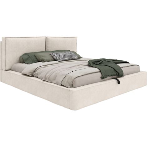 Lit coffre 180x200cm Lit double avec rangement hydraulique intégré et tête de lit capitonnée - Tissu chenille - Sommier à lattes inclus - beige (1/5)