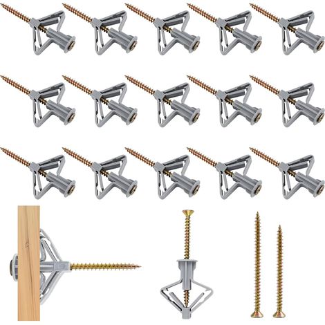 120 Pièces Gris Fixation Murale Creuse, Chevilles et Vis pour Plaques de Plâtre, Universel Anti-Rotation Papillon Forme Cheville, Fixations pour Plâtre à Usage Intensif pour Fibre Amiante Panneaux (1/5)