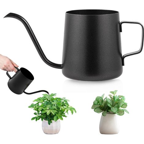 Arrosoir noir - Petit arrosoir pour plantes d'intérieur - 350 ml - Mini arrosoir en acier inoxydable - Long bec - Arrosoir de jardin pour la maison, les bonsaï, les fleurs d'extérieur (1/5)