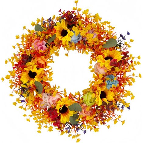 Couronne de porte orange 45 cm, décoration florale d'automne avec tournesols et roses, style champêtre de récolte pour maison, extérieur, Thanksgiving et Halloween (1/5)