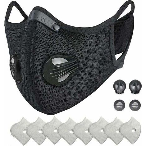 Masque de protection Face de poussière réutilisable, protecteur sportif M avec filtre à charbon actif et valves/ pour la moto, le cyclisme, la course à pied et les activités de plein air(1 noir + 8 fi (1/5)