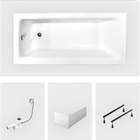 Rechteckige Badewanne - 140 x 70 cm - mit weißer Frontschürze - Füße - Chromablauf - TALIA (1/4)