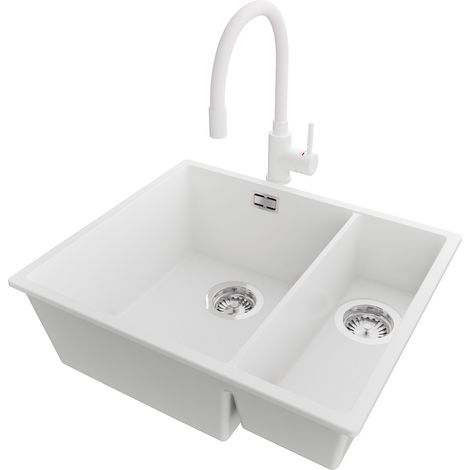PRIMAGRAN Evier Cuisine en Granit 56x47cm,Lavabo 1,5 bacs + Robinet 38x14cm + Kit de Vidage, Évier à Encastrer au meuble 60cm - London Slim Duo, Blanc (1/5)
