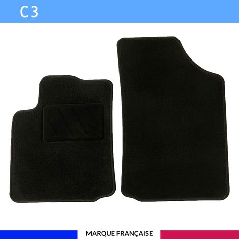Tapis de sol voiture - Sur mesure pour  Citroen C3 (03/2002-12/2010) - Antidérapant : Clips de fixations et scratch - Tapis de sol avant 2 pièces - Moquette - Noir