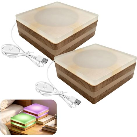 Lot de 2 Socle Lumineux LED en Bois, Base lumineuse LED en Bois, Dégradé à Sept Couleurs, Socles Lumineux Carrés avec Câble 1M, Base LED USB pour Verre, Résine, Bijoux et Acrylique (1/5)