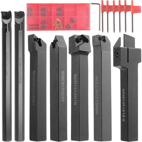 Kit Tournage Métaux 12mm - 7 Barres Acier + Inserts Carbure - Pour Tour CNC/Fraisage - Professionnel (Set Porte-Outils Complet)