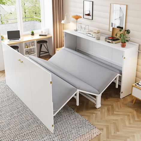 Cama armario adulto 140x200 cm - Cama doble - Con colchón incluido - En madera y metal - Blanco (1/5)