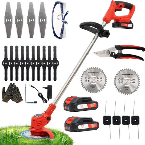Debroussailleuse Electrique sans Fil, Débroussailleuse à Gazon Pliable avec 2 Batteries et 4 Types de Lames, Poignée réglable, Coupe Bordures pour la Coupe de Jardin, Pelouses et Terres Agricoles (1/5)