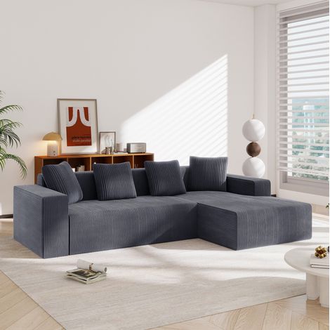 Divano modulare con chaise longue 261x146x65 cm grigio in velluto a coste con seduta profonda (1/5)