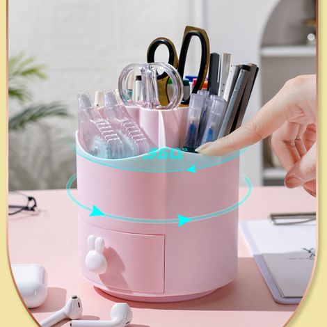 Drehbarer, multifunktionaler Schreibtisch-Organizer, hohes Fassungsvermögen für Stifte und Kosmetikartikel, rosa Kunststoff, 5 Fächer (1/5)