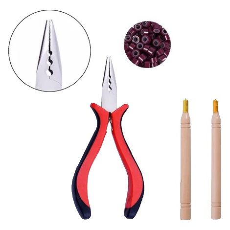Kit de alicates para extensiones de cabello, 100 micro eslabones, aguja de tracción y herramientas, 15 unidades, color burdeos. (1/2)