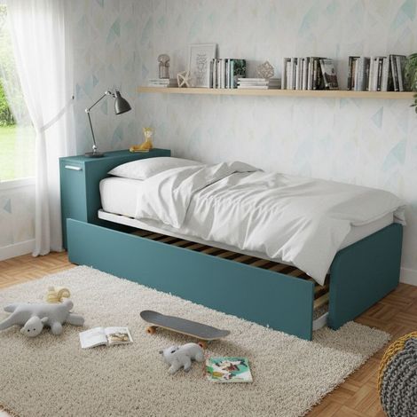 Letto singolo con secondo letto estraibile e testata testiera contenitiva - 80x190 - Verde Petrolio