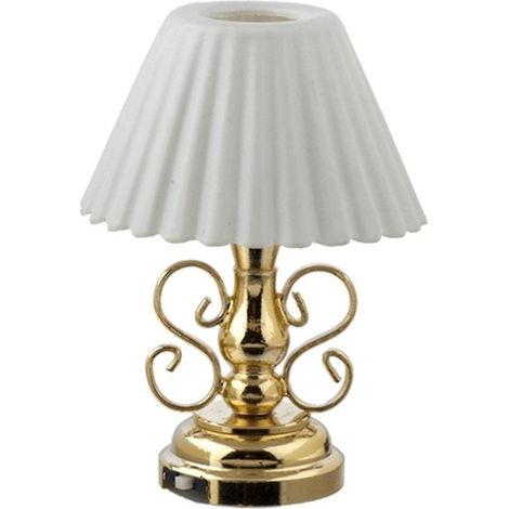 Lampe de table miniature en laiton fantaisie pour maison de poupée, abat-jour plissé, éclairage LED à piles ( )