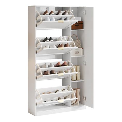 Meuble à chaussures moderne avec miroir,4 compartiments de rangement pliables,étagère réglable derrière le miroir de droite,idéal pour le couloir (1/5)