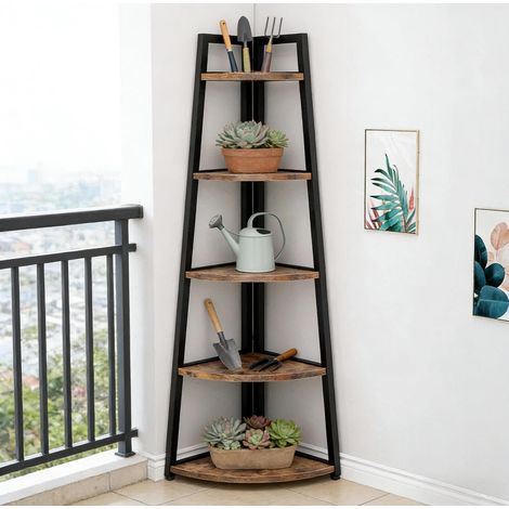 Scaffale angolare a 5 ripiani, mobile contenitore in metallo e legno, nero DESVIAE (1/5)
