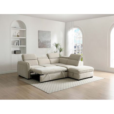 Canapé d'angle droit convertible et pouf en tissu beige BALOTIA (1/4)