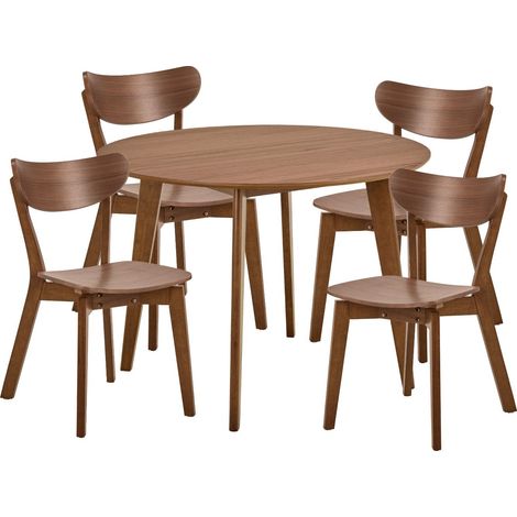 Hellin – Ensemble table ronde D105 en bois noyer avec 4 chaises – Dimensions optimisées pour petits espaces – Finition laquée UV – Design nordique élégant (1/5)