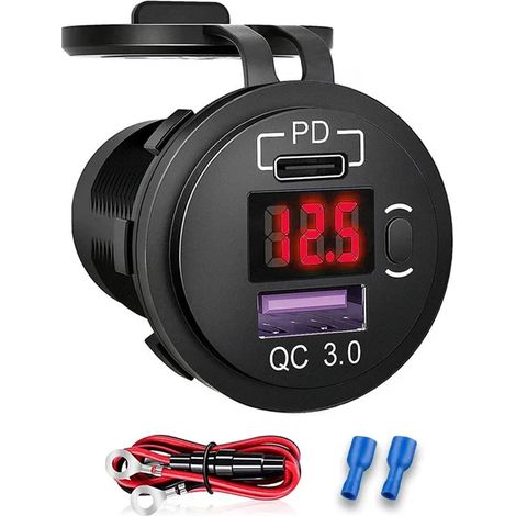 Chargeur de voiture USB QC3.0 PD Type C avec interrupteur marche/arrêt pour véhicules 12 V/24 V, bateaux, motos, SUV, bus, camions, caravanes et bateaux. (1/4)