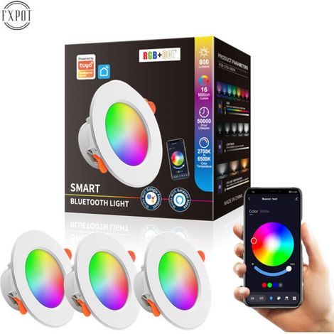 Lot de 3 spots encastrés intelligents Bluetooth Tuya RGBCW, couleurs variées, intensité variable, compatibles avec Alexa et commande vocale/application. (1/5)