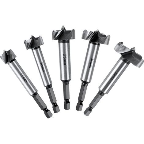 Punte per legno, set di 5 frese per lavorazione del legno con impugnatura esagonale, posizionamento regolabile, sega a tazza in carburo HSS per legno massello, sughero, listelli, compensato (15, 20, 2 (1/5)