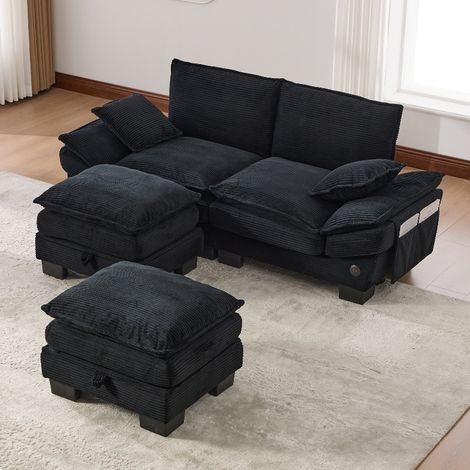 Modulares 2-Sitzer Cordsofa mit 2 Hockern und Stauraum. Ergonomische Couch mit USB-C Anschluss und Seitentaschen, 190x132x84cm, Cord Schwarz (1/5)