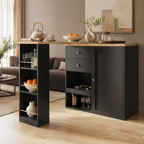 Meuble de cuisine rotatif avec 2 tiroirs et rangements ouverts, noir HAVRYA (1/5)