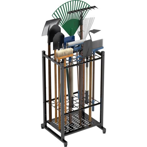 Organisateur d’outils de jardin en acier robuste, support mural noir pouvant ranger jusqu’à 35 outils longs, idéal pour garage, cabane et extérieur. (1/5)