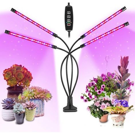 Lámpara LED para plantas, luz de cultivo para plantas de interior con 80 LED de espectro completo (rojo y azul), 10 niveles de atenuación y 4 cabezales para plántulas y suculentas. (1/5)