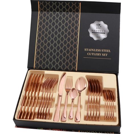 Ensemble de couverts en acier inoxydable brillant, 24 pièces, couteau à Steak, fourchette, cuillère pour Restaurant, or Rose