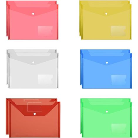 A4-Kunststoffhüllen in 6 verschiedenen Farben, 12 Stück, transparente Kunststoff-Ordner für Papiere, Druckknopf-Dokumentenhalter für Zuhause, Büro, Schule und Reisen (1/5)