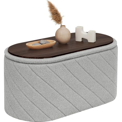 Banc de Rangement avec Couvercle Rembourré, Ovale et Pliable, Servant de Repose-Pieds en Tissu Bouclé pour Salon, Chambre, Gris, 76x38x38 cm (1/5)