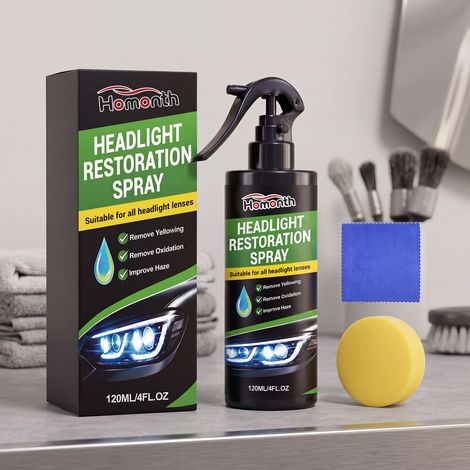 Scheinwerfer-Pflegespray, Scheinwerferpolitur und -aufbereitung, tägliche Reinigung, Aufhellung und verbesserte Sicht – 120 ml x 1 + Schwamm x 1 + Tuch x 1 -- DE (1/5)
