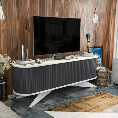 Dmora - Mueble de televisión Desteve, Aparador de salón, Mueble bajo para TV, Base de pared equipada, 180x43h60 cm, Antracita y Blanco (1/5)