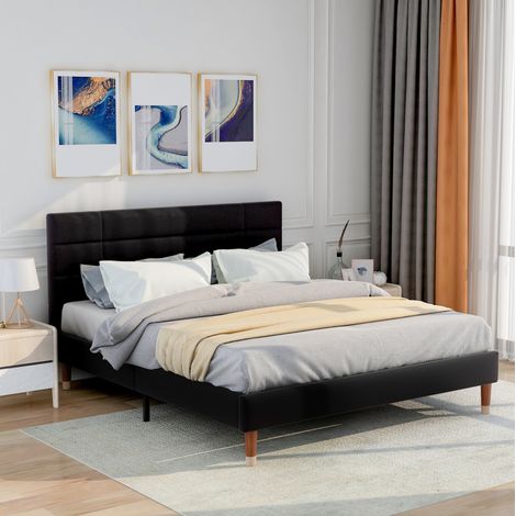 Cama doble tapizada clásica 140x200 cm, madera maciza negra con cabecero de lino, somier de láminas y colchón H3 incluidos (1/5)