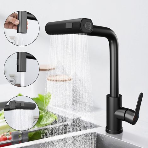 Robinet de cuisine ZMH, mitigeur extractible avec pommeau de douche, robinet d'évier rotatif à 360°, en acier inoxydable avec 2 modes de pulvérisation, robinet de cuisine - Noir brossé (1/5)