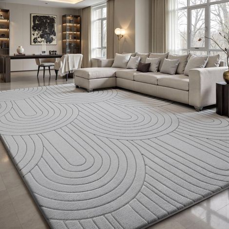 Tapis de Salon, 140x200cm, 3D à Motif Semi-Circulaire, Gris, Lavable, Moelleux, antidérapant, pour Chambre à Coucher, Chambre d'enfant (1/5)