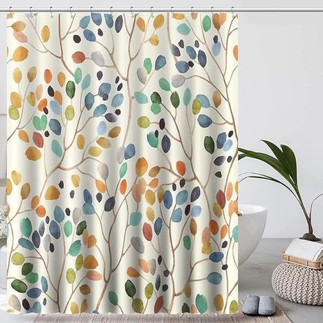 Tenda da doccia con motivo botanico. Tenda da doccia lavabile. Motivo botanico colorato. Impermeabile e ad asciugatura rapida. Tessuto beige. Stile vintage. (1/5)