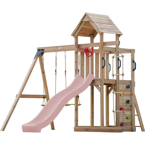 Axi Moos Aire De Jeux En Bois Avec 2 Balançoires, Toboggan Rose Pastel, Echelle En Corde / Aire De Jeux Extérieur Avec Balançoires/ Bac À Sable/Mur D'Escalade  Portique Balançoire/Jeux En Bois Extérie