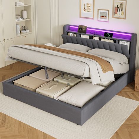 Cama tapizada 180x200 cm con almacenaje, USB y LED HAVRYA (1/5)