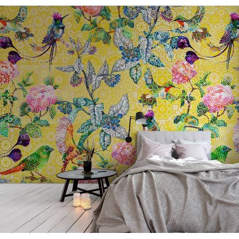 Papier peint panoramique floral idéal pour chambre | Tapisserie panoramique jaune originale | Papier peint panoramique design motif oiseaux - 270 x 400 cm (4 pièces) (1/5)