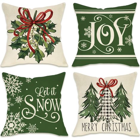 Housse De Coussin - 18x18 Pouces - Coton Lin - Motif Noël Houx Flocons De Neige - Décoration Intérieure Extérieure - Lot De 4 (1/5)