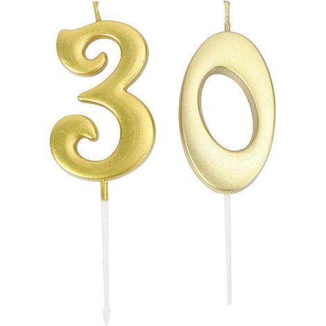 Lot de 2 bougies d'anniversaire numérotées 30, décorations pour gâteau d'anniversaire, articles de fête (chiffres 3 et 0, dorés)-11.00X3.20X0.50CM-Golden