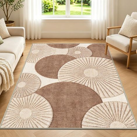 Tapis de Salon 120x180 cm Moderne Conception Géométrique Doux Lavable en Machine, Dos Antidérapant, Poil Ras, Marron Beige, pour Chambre, Entrée Couloir, Bureau, Bebe (1/5)