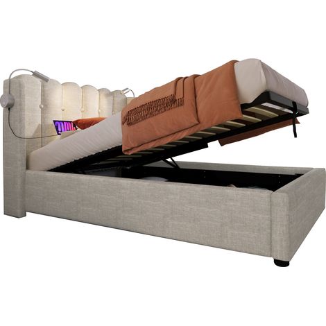 Lit rembourré 90x200 avec tête de lit, liseuse, USB et grand coffre de rangement, cadre en tissu beige avec matelas - CHICFURN (1/5)