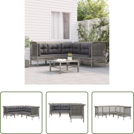 vidaXL Rattan - 5-tlg. Garten-Lounge-Set mit Kissen Grau Poly Rattan (1/5)