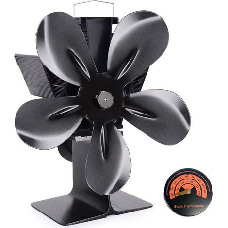 Kaminofenlüfter mit 5 Flügeln, Ofenlüfter mit Thermometer, umweltfreundlich, effiziente Wärmeverteilung für Holzöfen und Kamine (1/4)