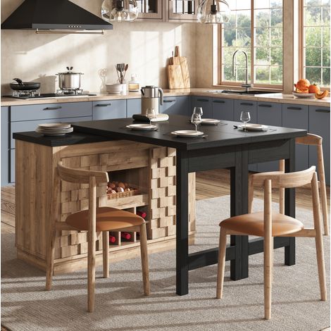 360° drehbare Kücheninsel & Seitenschrank 120–197cm mit Patchwork-Türen, herausnehmbarem Weinregal & Schubladen, 2 Farben (Eiche hell / Schwarz) (1/5)